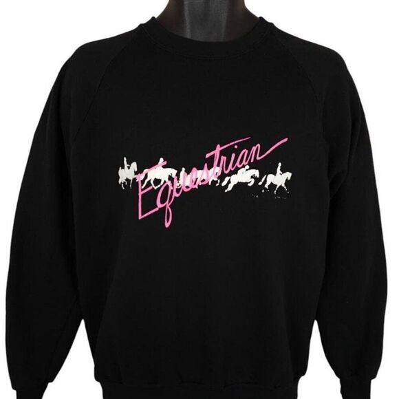 Vintage Equestrian Sweatshirt Mens Size Large Black 80s Horses Dressage USA - Picture 1 of 5